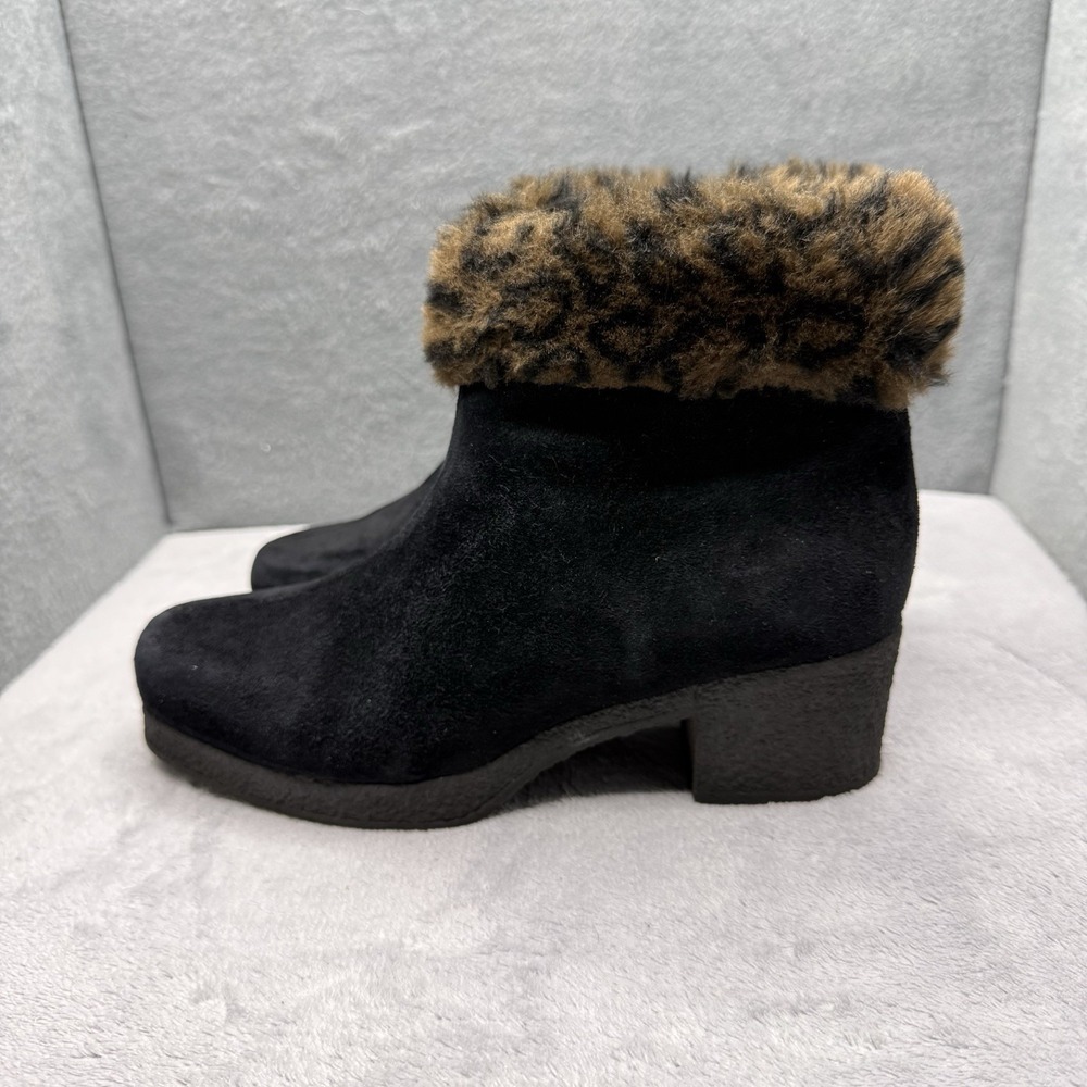 Vintage La Canadienne Black Suede Ankle Boots Leopard Fur Cuff Women's Size 6